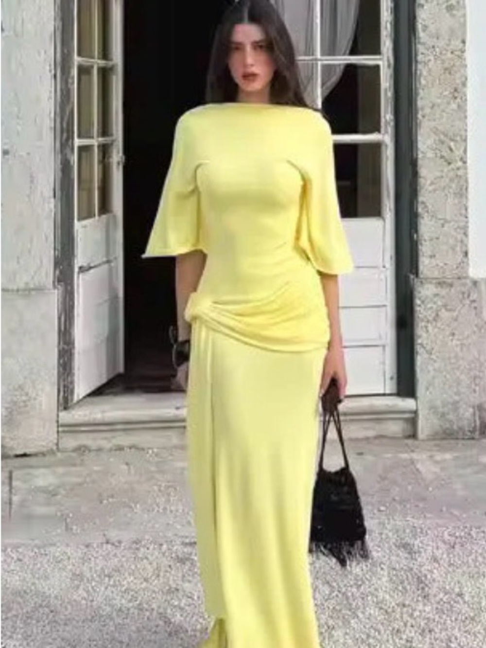 Elegant Yellow Maxi Dress with Cape Sleeve - Picture 7 of 7